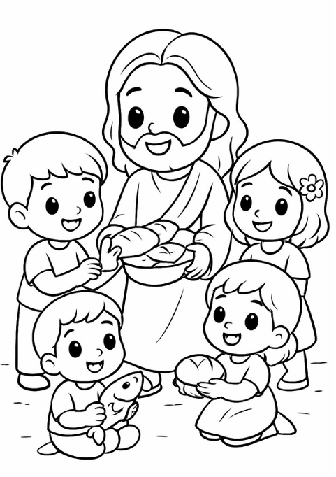 Desenho para colorir — Jesus multiplicando pães e peixes